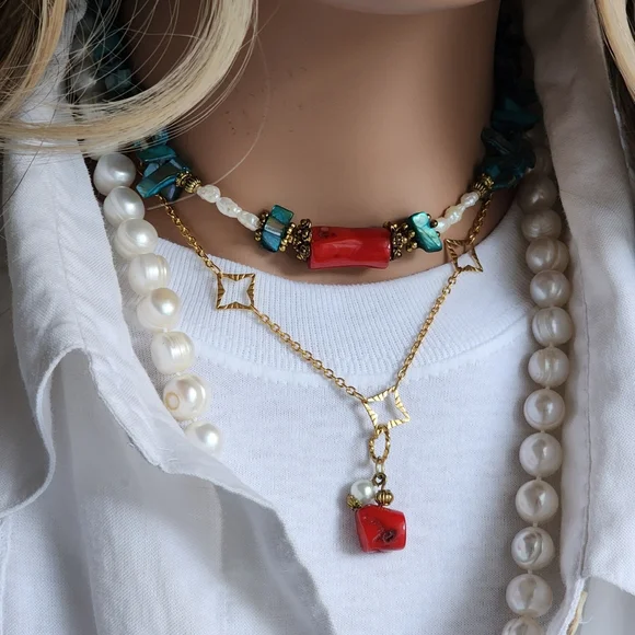 FP Ariana Ost Rare Designer Necklace Natural Coral Pearl Mother Of Pearl Stone - Picture 5 of 15